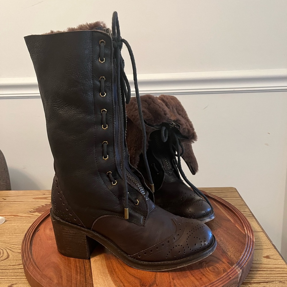 🍂Kelsi Dagger Brown Oxford Faux Fur Combat Boots
